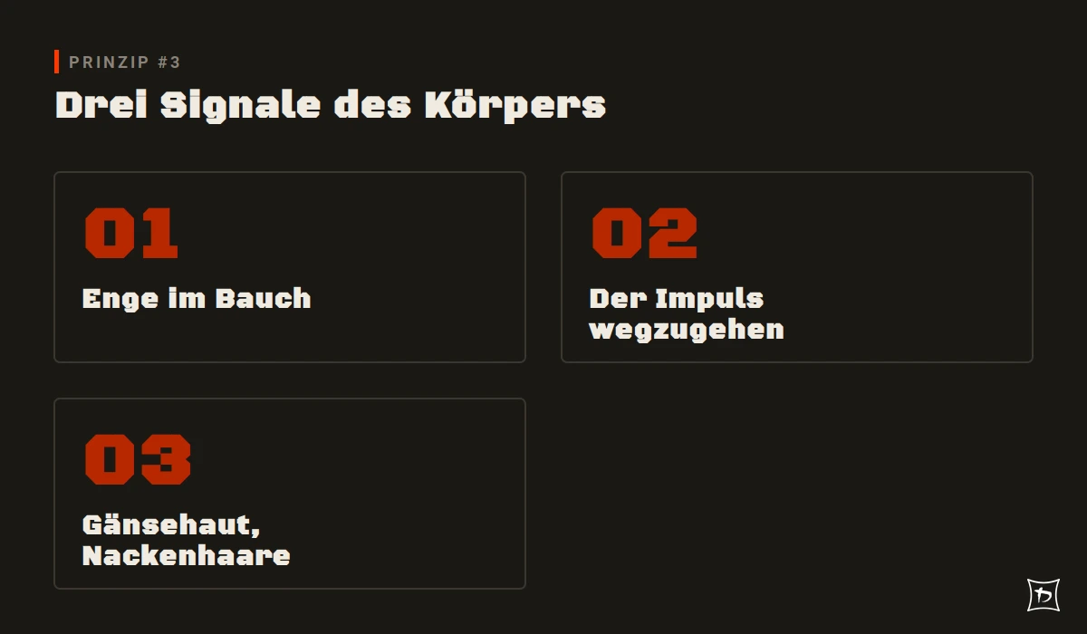 Drei Signale des Körpers – Prinzip #3 der KMSW-Reihe Prinzip der Woche: Enge im Bauch, Impuls wegzugehen, Gänsehaut