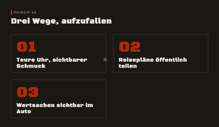 Drei Wege, aufzufallen – Prinzip #4 der KMSW-Reihe Prinzip der Woche: Teure Uhr, Reisepläne teilen, Wertsachen im Auto